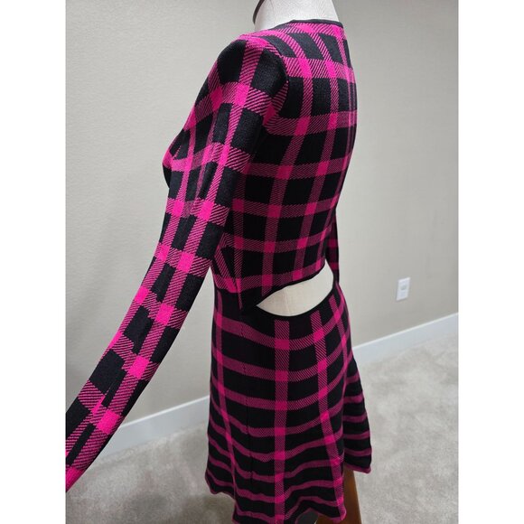 Pink & Black Plaid Long-Sleeve Cutout Dress Fitted Waist Round Neckline Stretch - Picture 7 of 10
